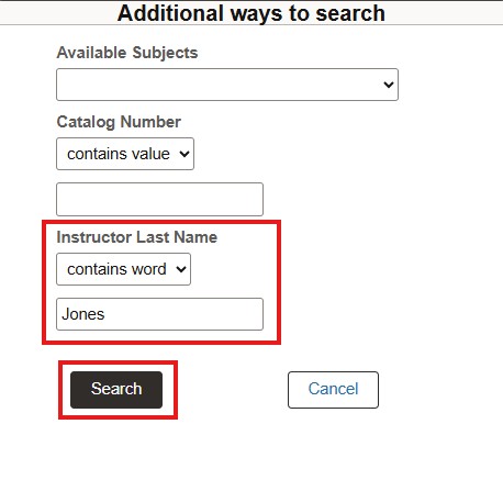 Screenshot of "additional ways to search" pop-up with instructor name