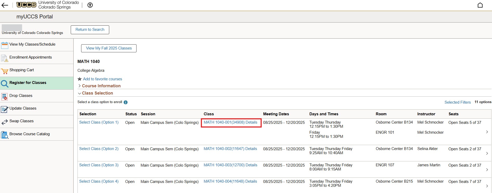 Screenshot of the class section offerings