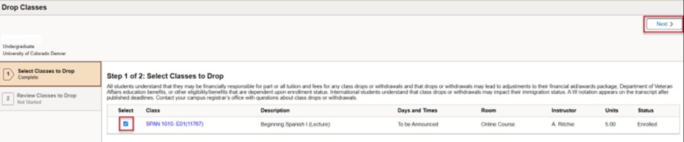 Screenshot showing the selection of class and next button. 