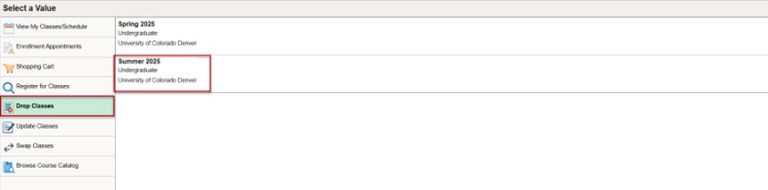 Selection of drop class tab and term