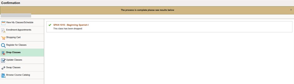 Confirmation screen noting class has been dropped