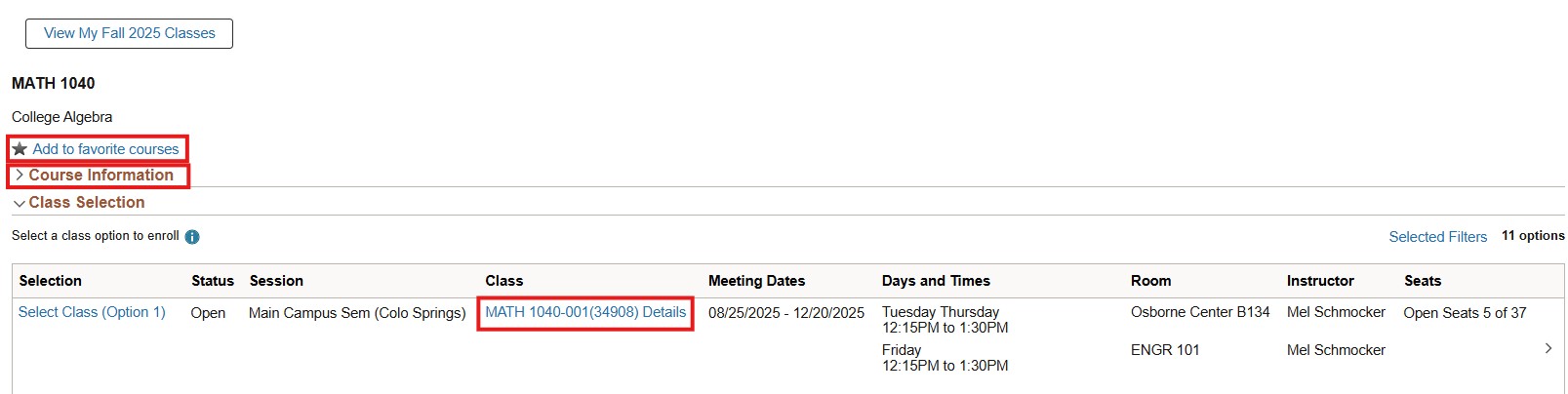 Screenshot of class selection populated based on search results