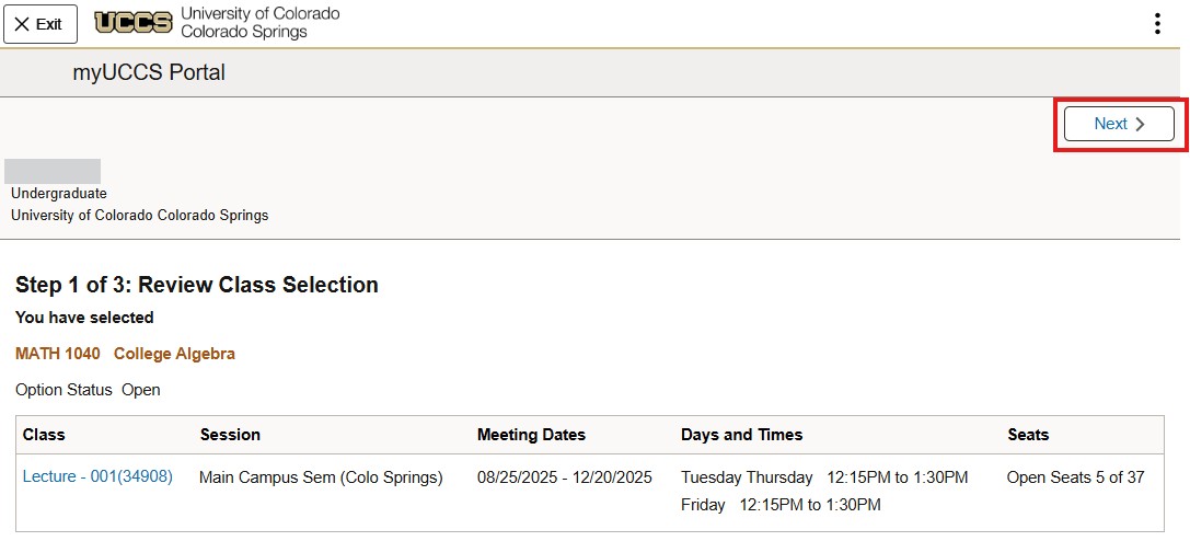 Screenshot of the next button on the class selection page
