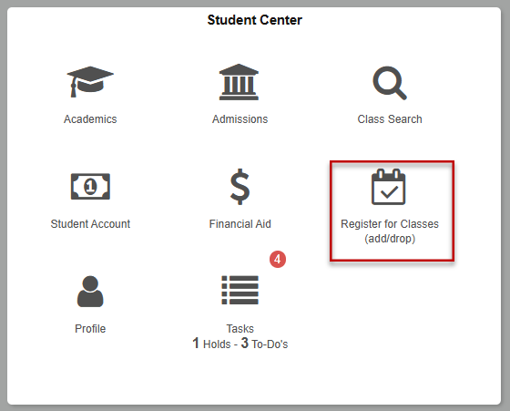 Screenshot of the Student Center Tile highlighting "register for classes.