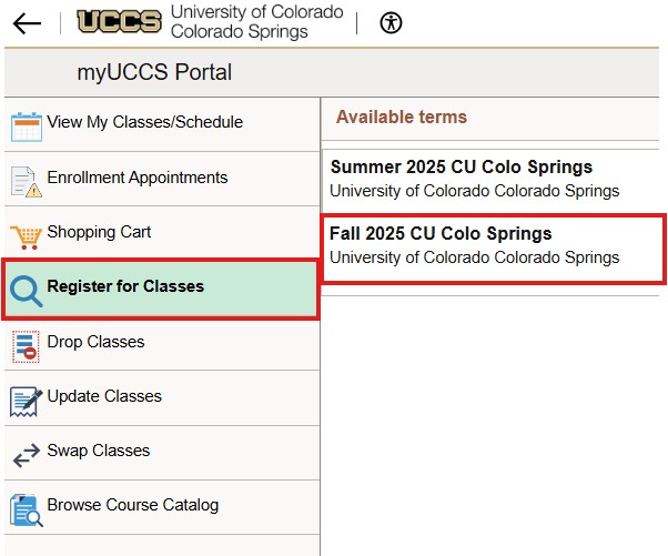 Screenshot of the term selection