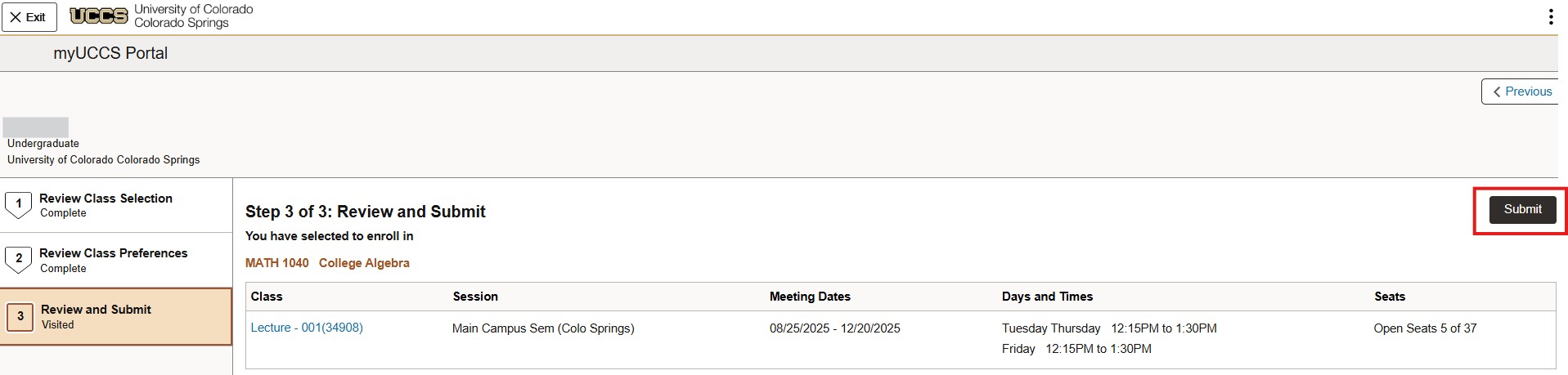 Screenshot demonstrating "submit" button in top right corner