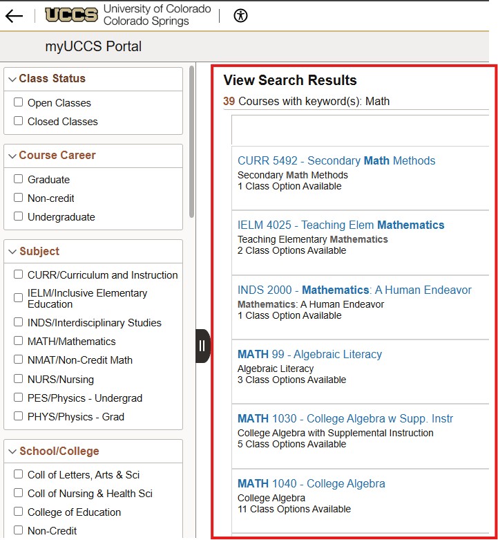 Screenshot of class search results
